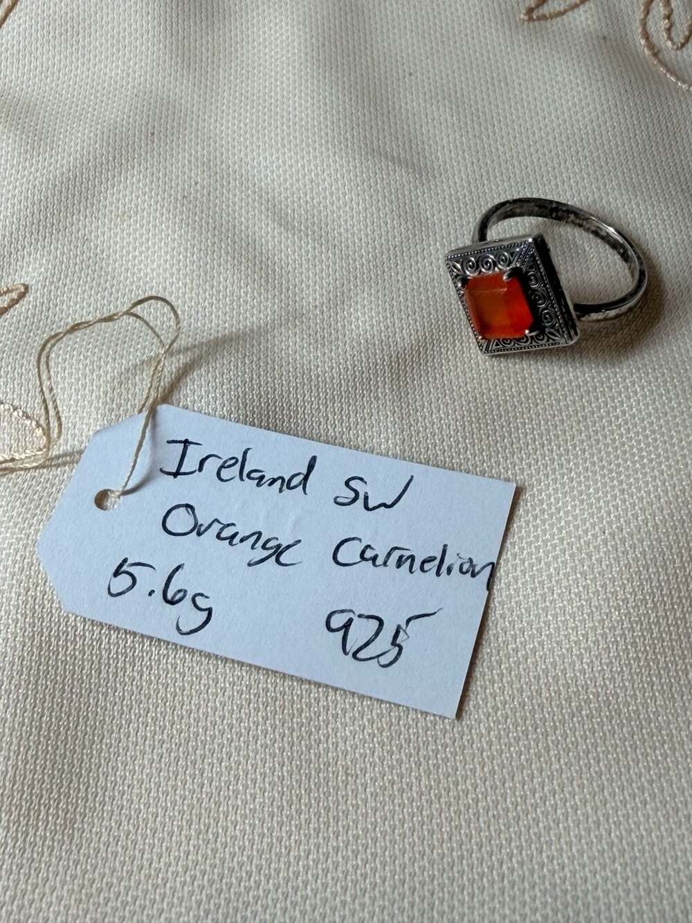 Vintage Ireland SW 925 Sterling Silver Orange Carnelian Filigree Ring - Picture 6 of 6